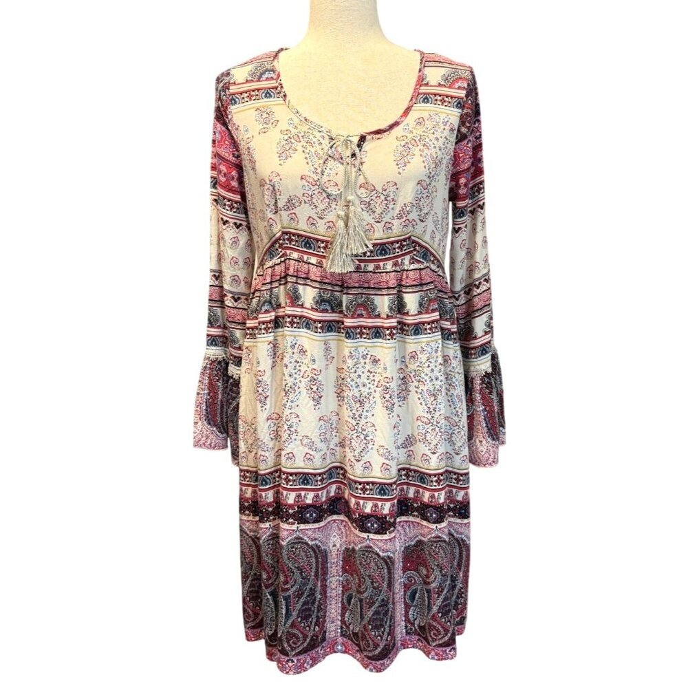 One World Dress Paisley/Floral Print Hi-Low Hem Bell Cuff Boho Romantic Size S